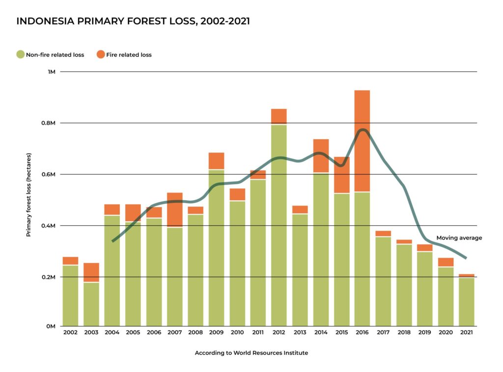 Indonesia primary forest loss from 2002 to 2021 according to World Resources Institute WRI